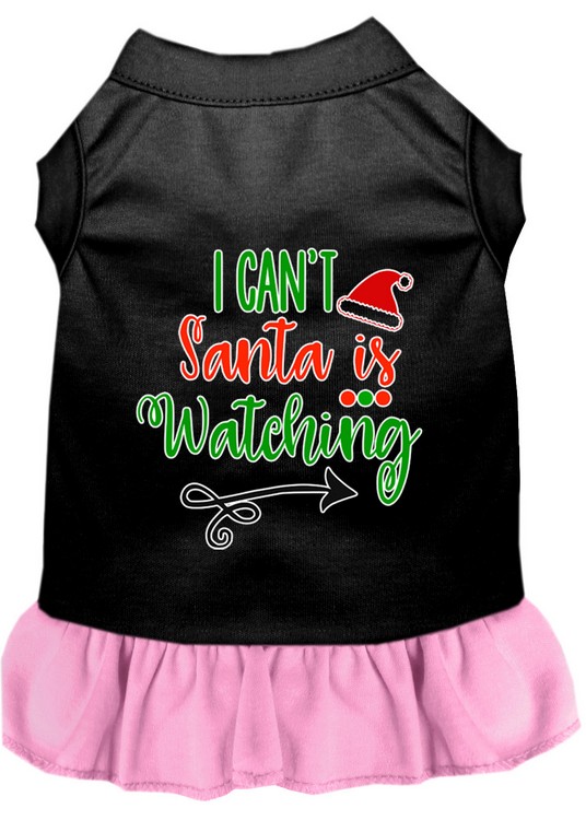 I Can't, Santa is Watching Screen Print Dog Dress Black with Light Pink Lg